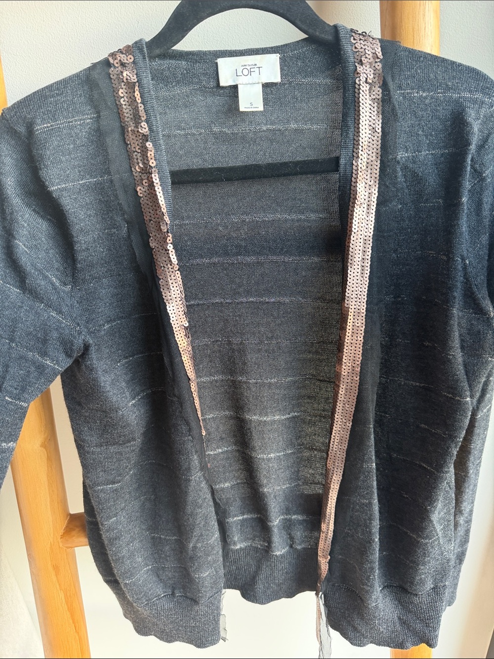 LOFT Charcoal Open-Front Cardigan with Rose Gold Sequin Trim